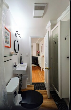 Un bagno piccolo con il water, un lavandino e la zona doccia.