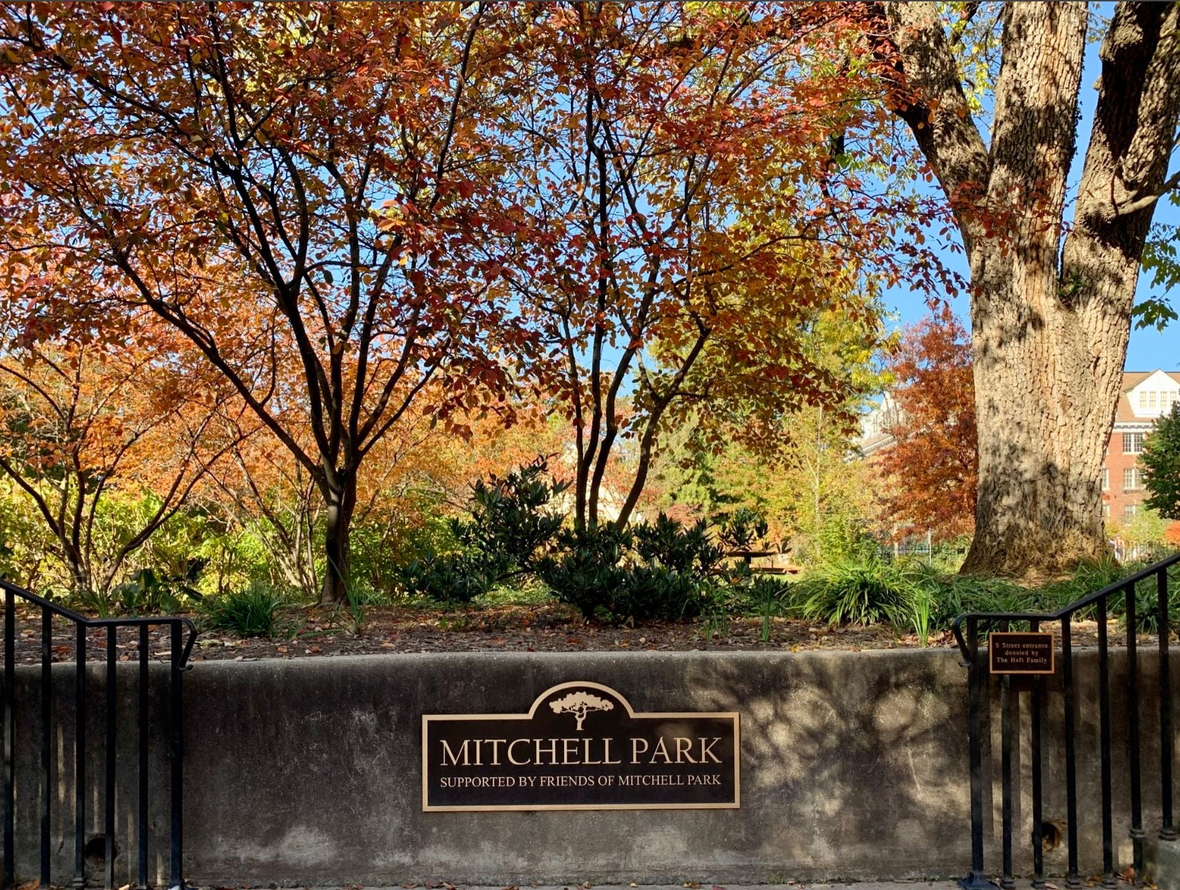 A park entrance with a sign indicating it's supported by Friends of Mitchell Park.