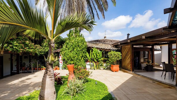 A courtyard with a palm tree, potted plants, and a tiled patio area. - Hotel Casa Blanca Porto Seguro (Porto Seguro)