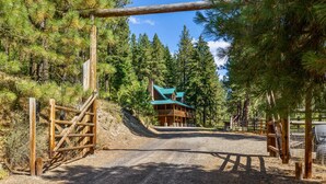A lodge with a green roof, surrounded by pine trees and a gravel path leading to the entrance. - Private Cabin on 3 Acres for Outdoor Enthusiasts  (Cle Elum)
