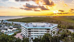 A hotel with a rooftop pool, surrounded by lush greenery and a marina.