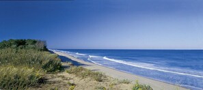 Una playa cerca, sillas reclinables de playa, toallas de playa