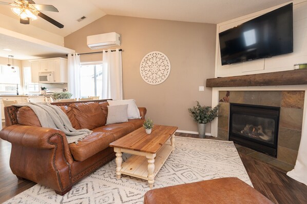 Smart TV, fireplace, table tennis, books