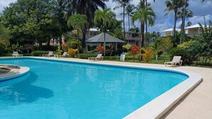 Une piscine rectangulaire dont le bord est recouvert de carrelage, entourée d’une terrasse en béton. Des chaises longues sont disposées le long du bord de la piscine.