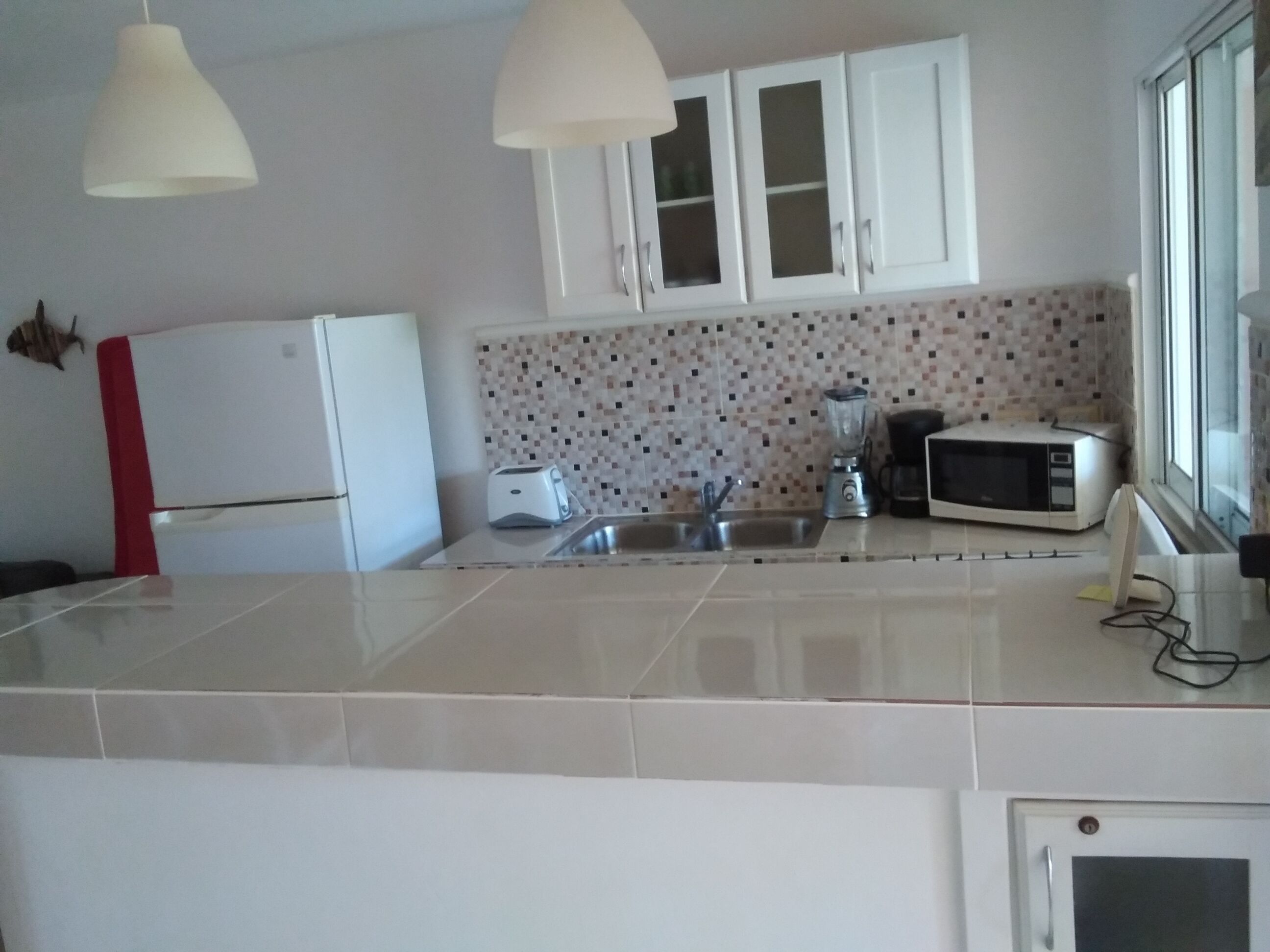 Cucina con mobili bianchi, forno a microonde, tostapane e frullatore.