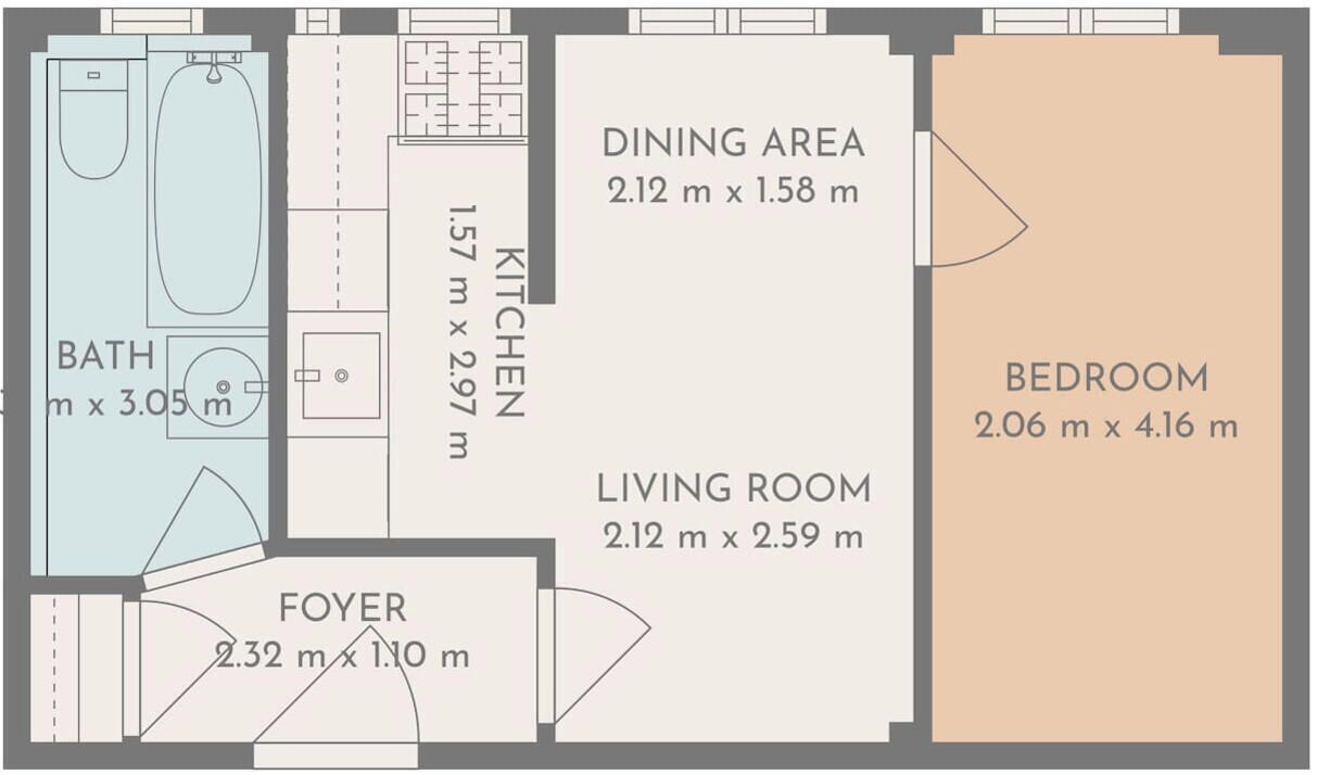 Ein Grundriss mit Bad, Küche, Essbereich, Wohnzimmer, Schlafzimmer und Eingangsbereich.