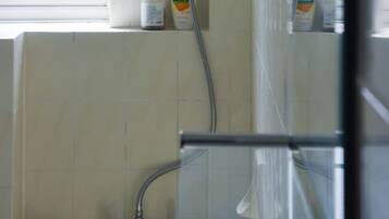 A bathroom with a shower, a window, and two bottles on the shelf.