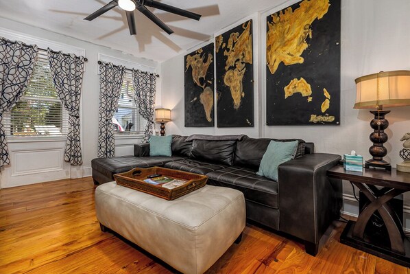 Smart TV, fireplace, books