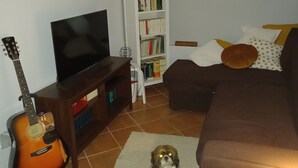Un soggiorno con televisore, chitarra, libreria, un divano marrone e un piccolo cane su un tappeto.