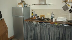 Una cucina compatta con frigorifero, fornello e cappa aspirante.