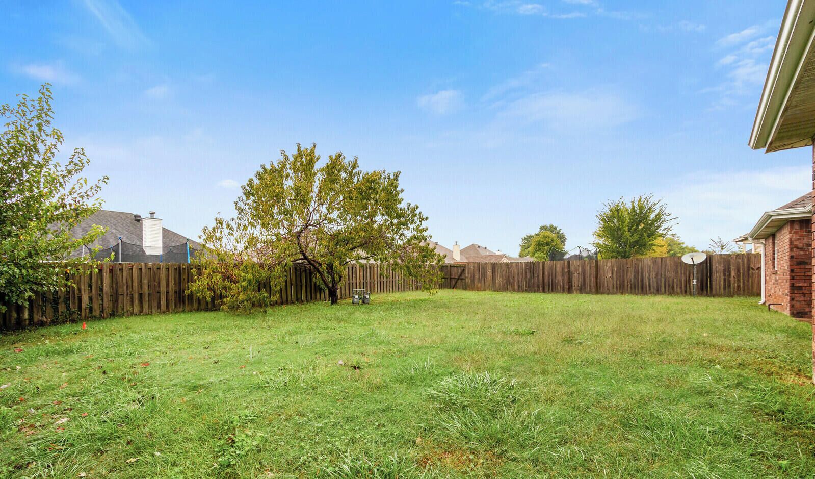 Un jardin avec une clôture en bois, une pelouse verdoyante et une antenne parabolique.