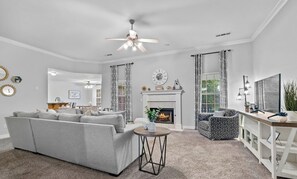Smart TV, fireplace, table tennis, books