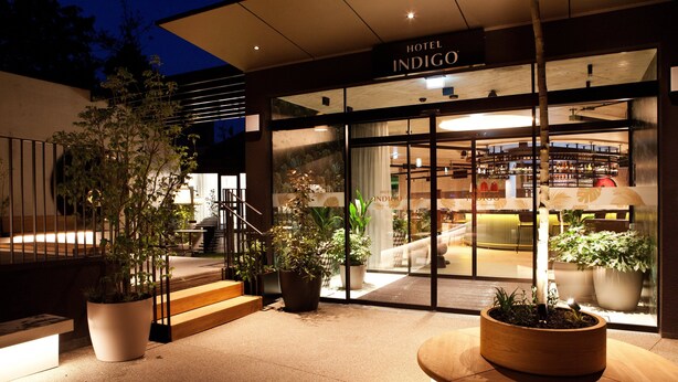 The exterior of Hotel Indigo with large potted plants, a modern entrance, and a visible bar area inside. - Hotel Indigo Vienna – Naschmarkt by IHG (Vienna)