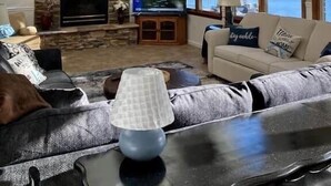 Un ampio soggiorno con camino, grandi finestre, una ventola a soffitto e una televisione.