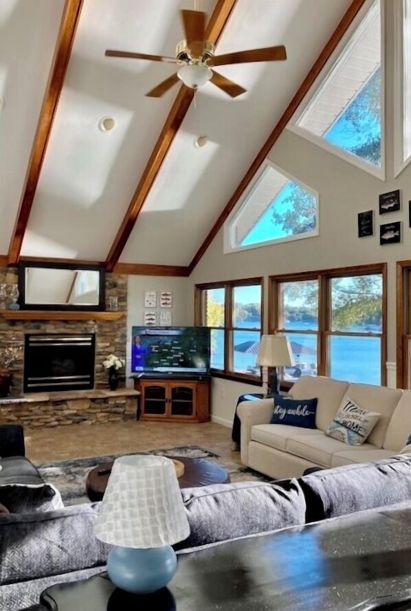 Smart TV, chimenea y libros