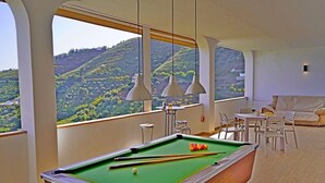 Un tavolo da biliardo con vista su un paesaggio collinare, un divano e un tavolo con sedie.