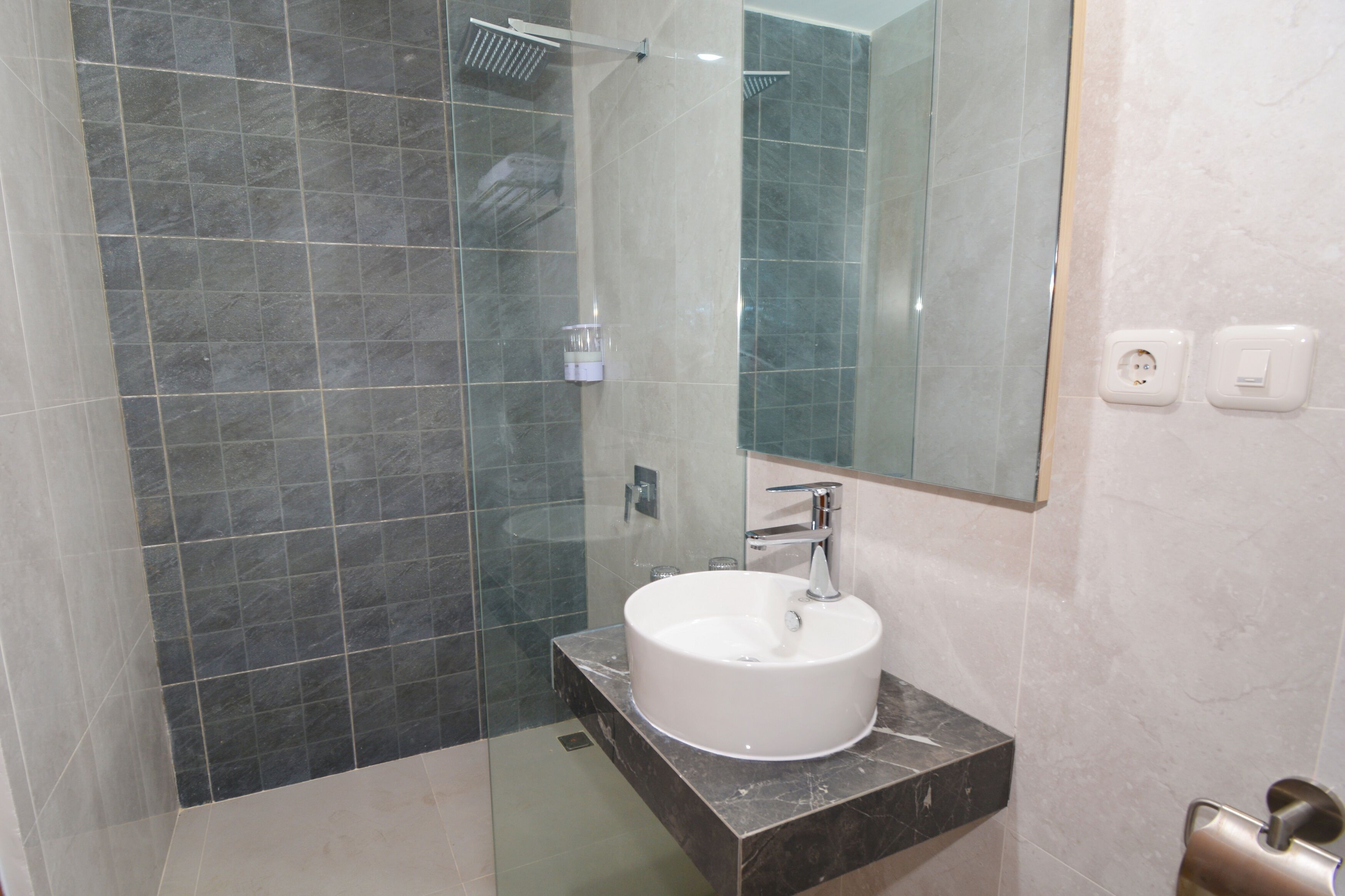 A modern bathroom with a glass-enclosed shower, a white sink, and a large mirror.