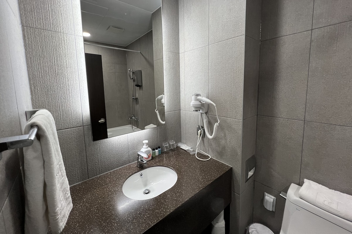 A modern bathroom with a large mirror, a sink, a hairdryer, and a toilet.