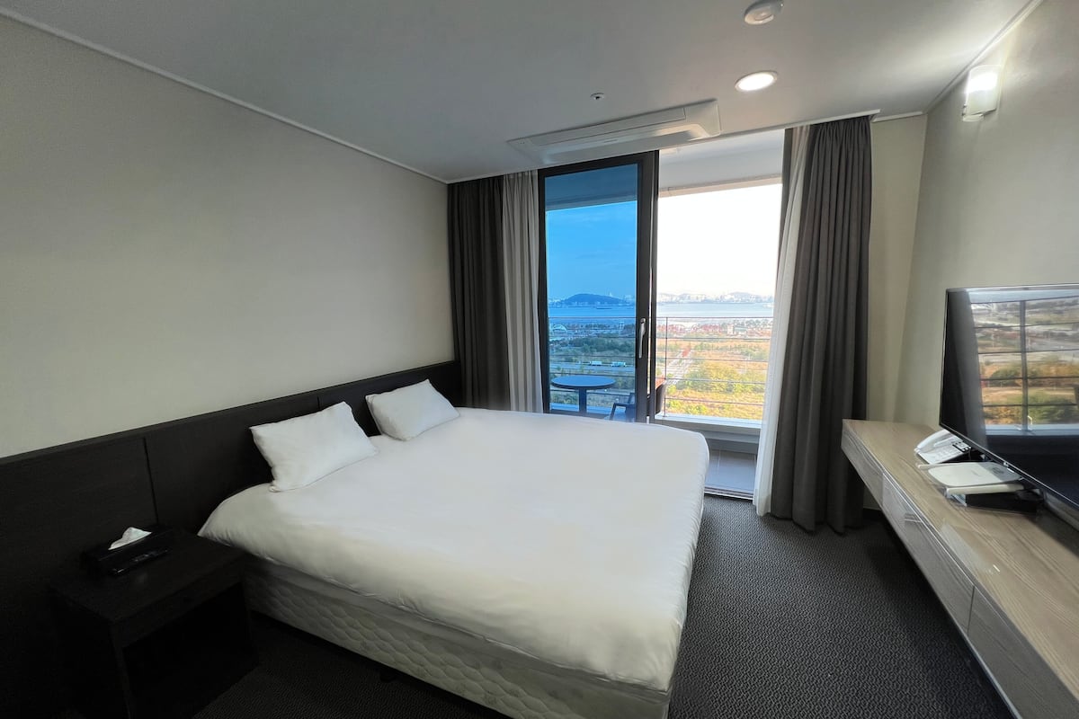 A hotel room with a large bed, a bedside table with a remote control, a TV on a stand, and a view of a cityscape through the window.