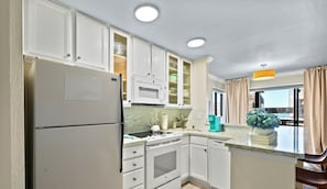 Fridge, microwave, dishwasher, coffee/tea maker