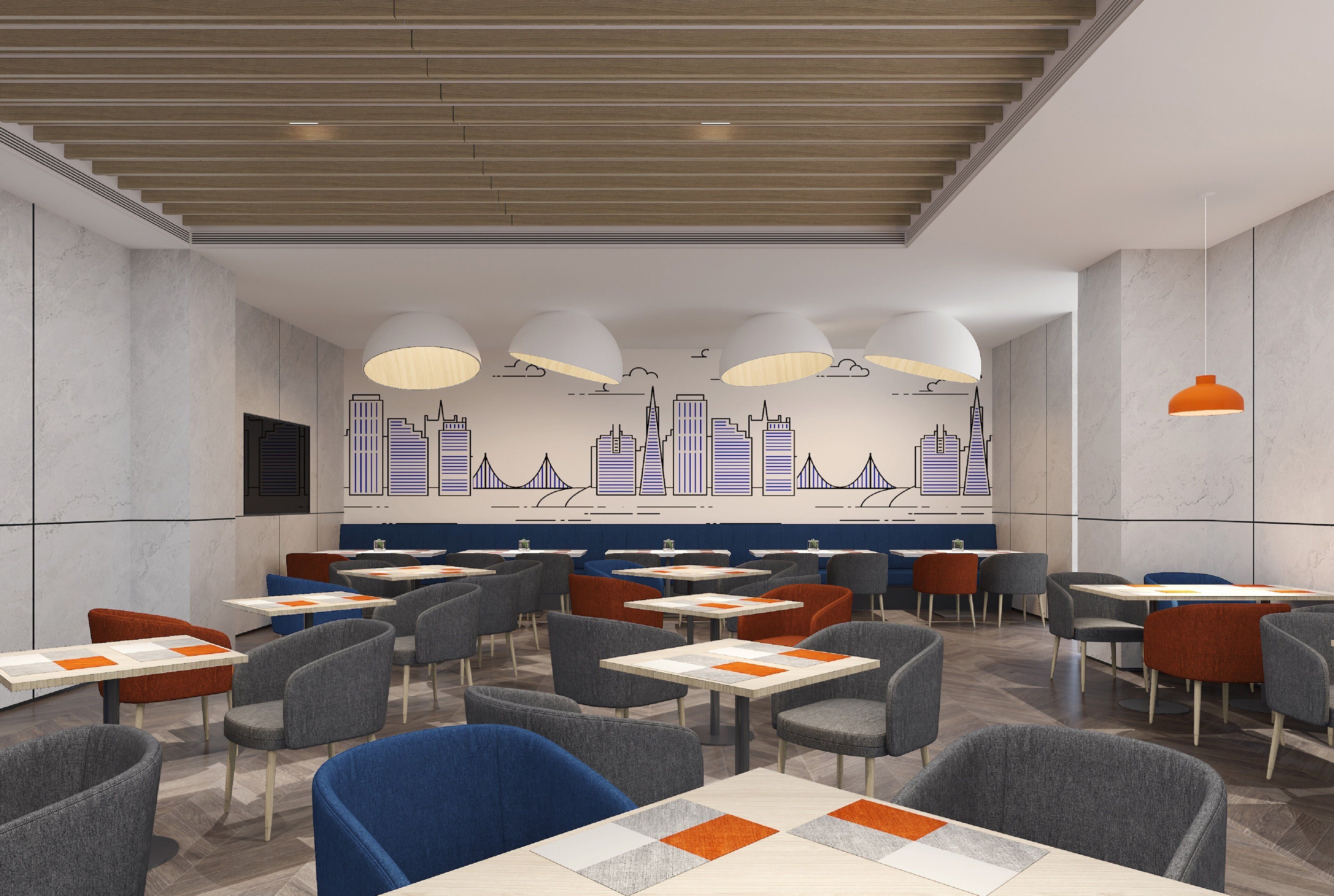 A modern restaurant with multiple tables and chairs, a cityscape mural on the wall, and pendant lighting.