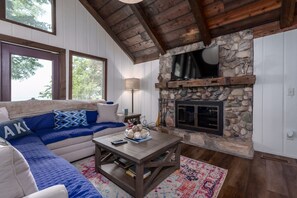 Smart TV, fireplace, books, stereo