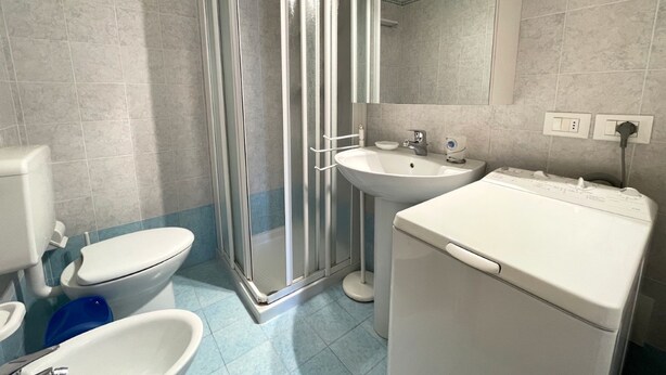 Une salle de bain équipée d’une douche, de toilettes, d’un lavabo et d’un lave-linge encastré.