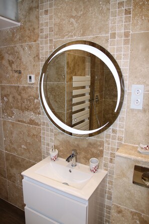 Shower, hair dryer, towels, toilet paper