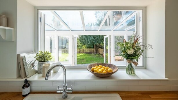Een keuken met een raam dat uitkijkt op een tuin, een spoelbak en een schaal met citroenen op de vensterbank.