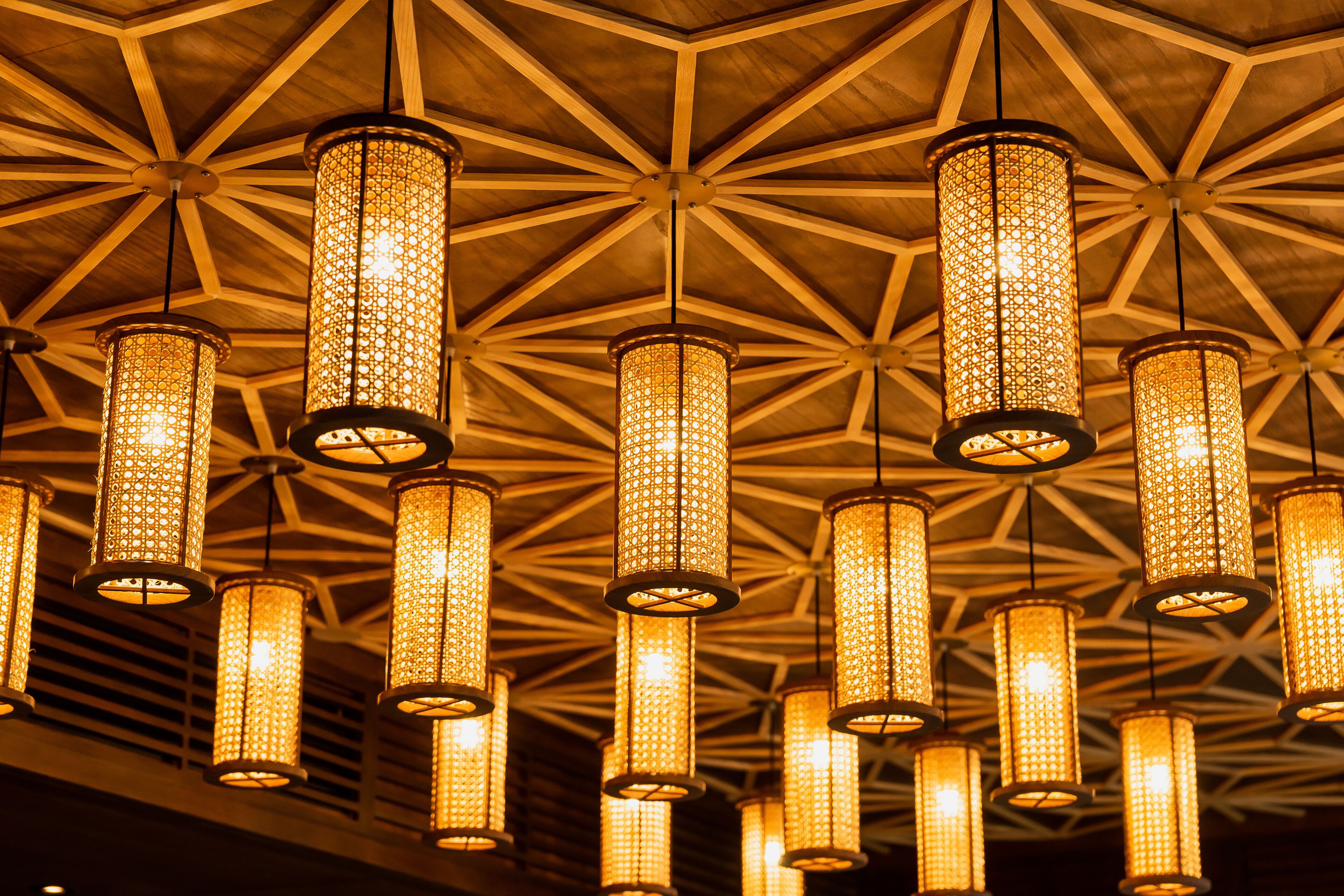 A ceiling with multiple hanging cylindrical light fixtures.