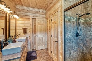 Shower, hair dryer, towels, shampoo