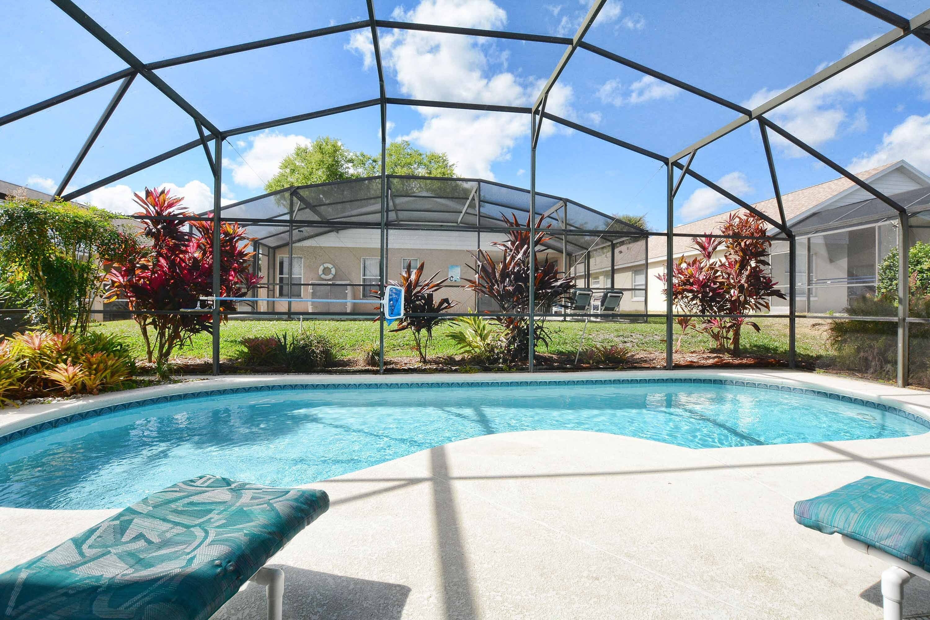 A swimming pool with a glass enclosure, surrounded by lounge chairs and tropical plants.
