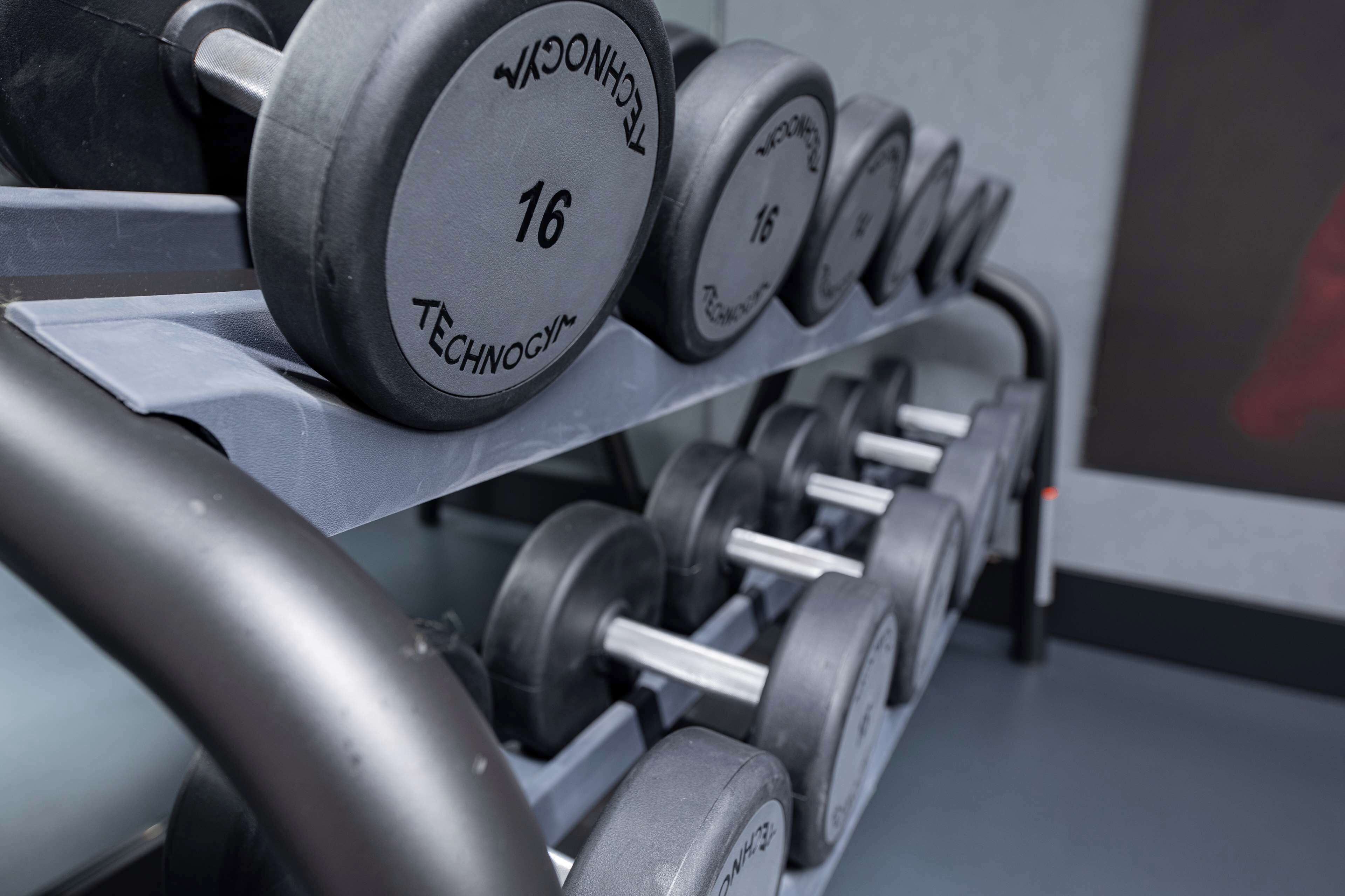 A rack of 16-pound dumbbells labeled "TECHNOLOGY" in a gym setting.