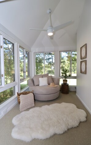 Smart TV, fireplace, books, offices