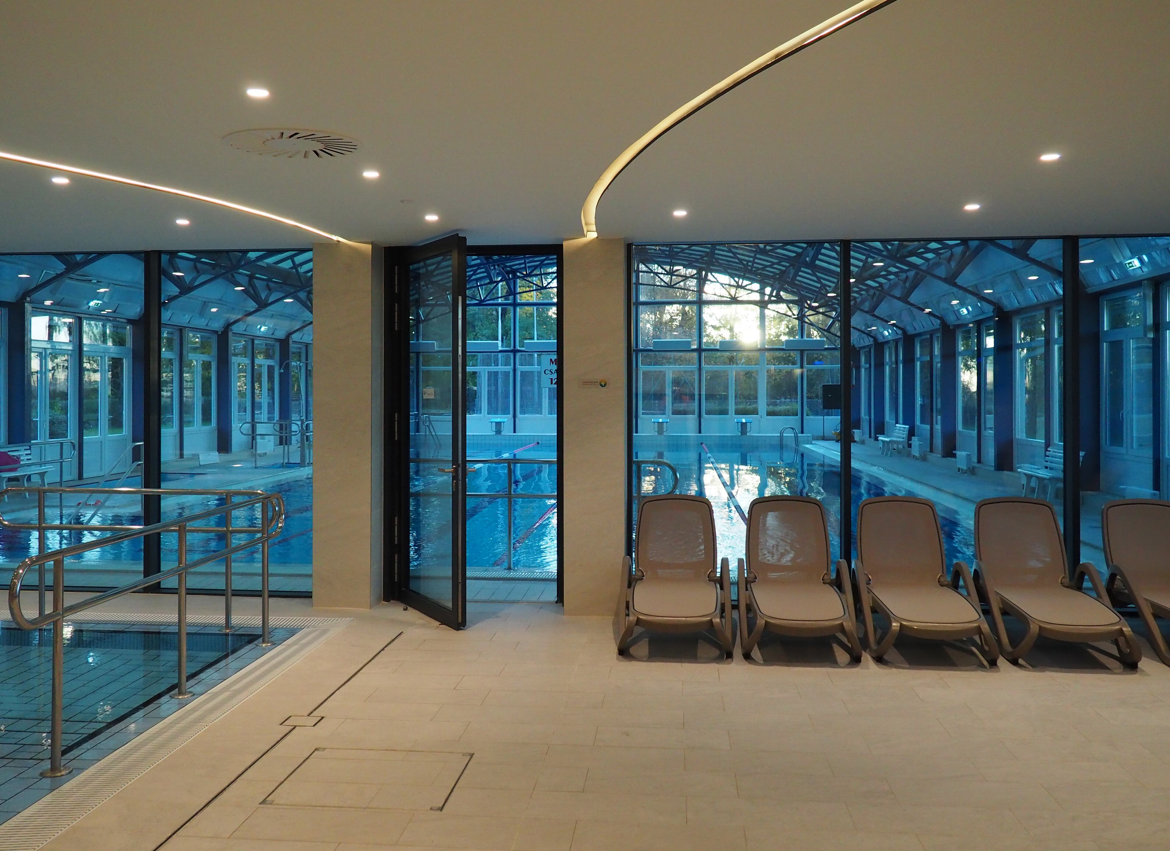 indoor pool, open 8:00 am to 8:00 pm, lifeguards on site