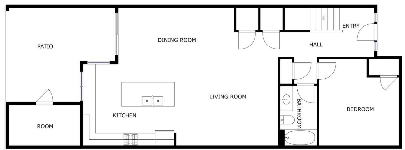 Un plan d’étage comprenant un patio, une salle à manger, une cuisine, un salon, une salle de bain, une chambre et un hall d’entrée.