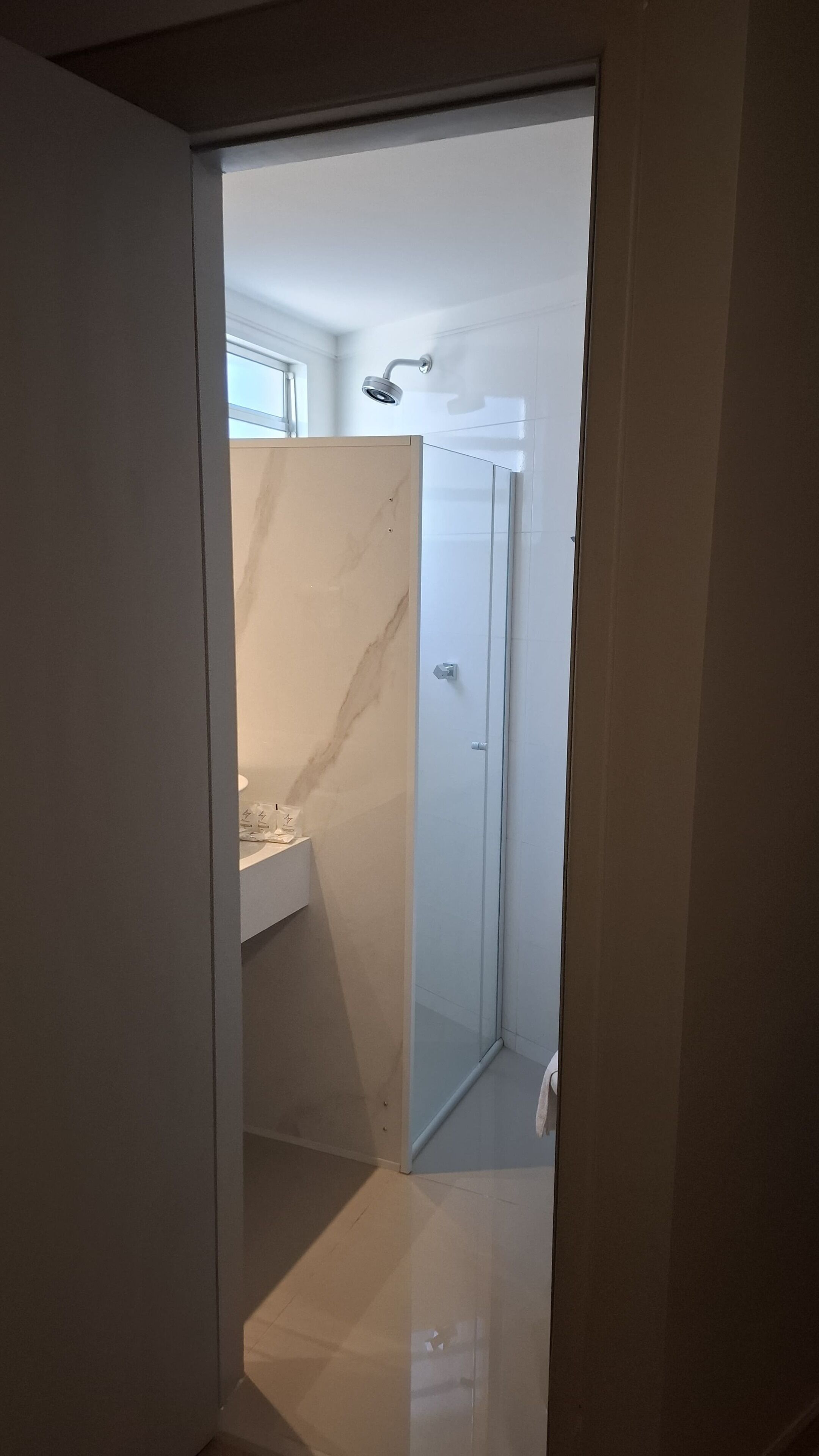 Une salle de bain moderne avec une douche à parois de verre, un comptoir en marbre et une porte blanche.