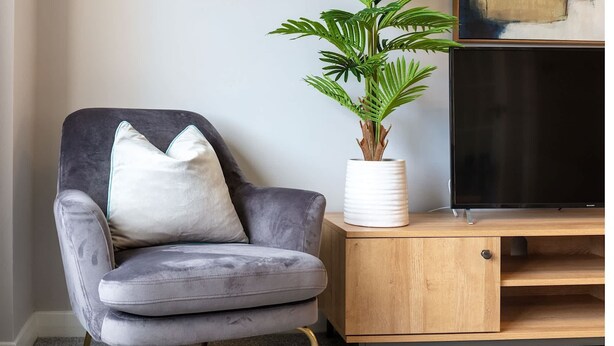 A grey armchair with a white pillow, a potted plant, and a wooden cabinet with a TV. - Leeward House - Donnini Apartments (Ayr)