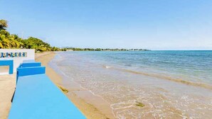 Une plage avec une eau d’un bleu limpide, un rivage sablonneux et une rangée de bancs bleus.