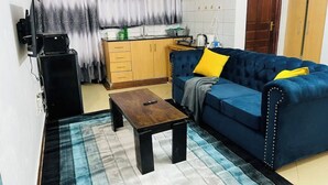 A compact living space with a sofa, a coffee table, a kitchen area, and a curtain. - Beautiful & cosy studio, 5 mins from two rivers (Ruaka)