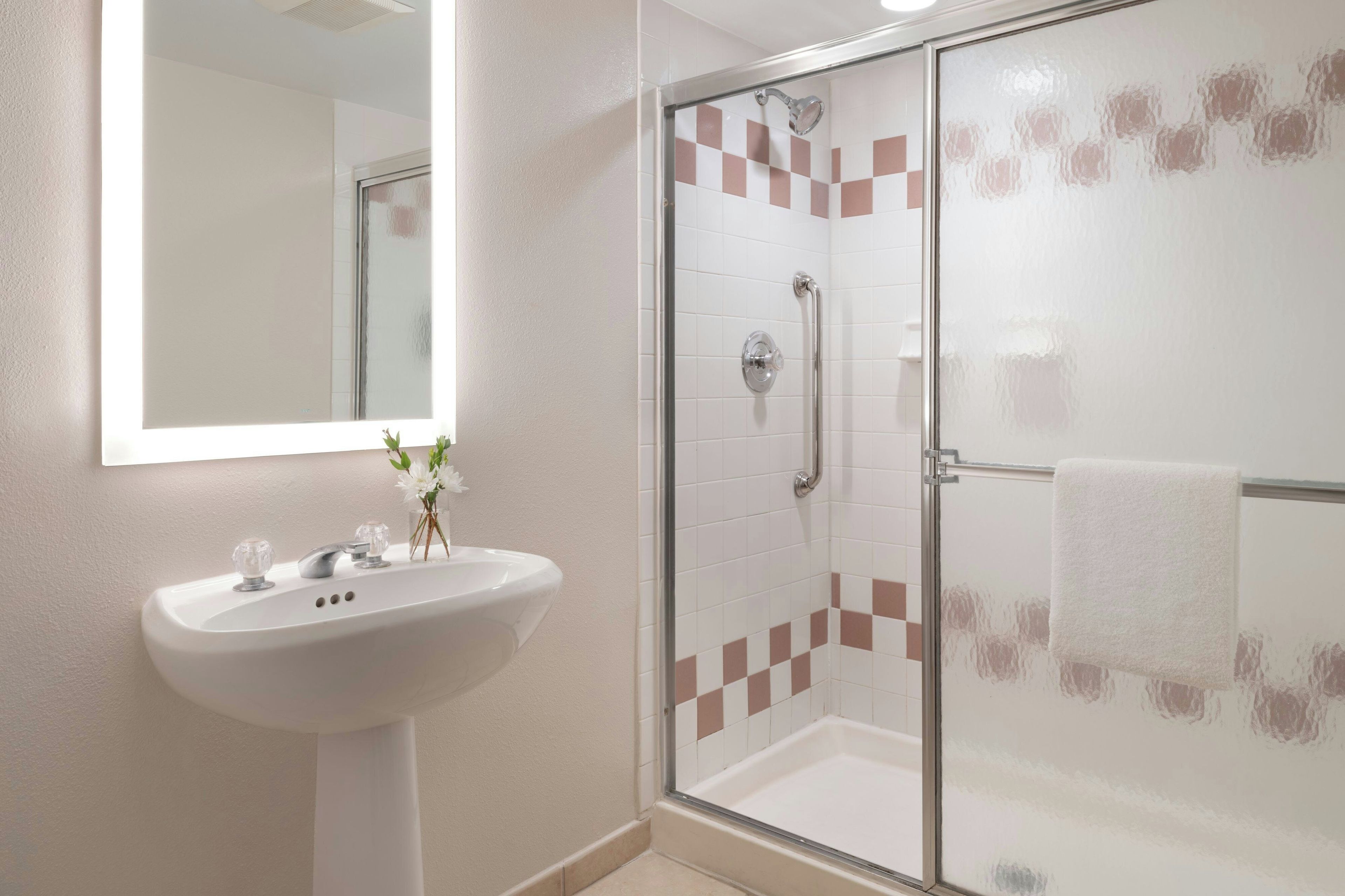 Un baño con cabina de ducha acristalada, un lavabo blanco con un florero y un espejo sobre el lavabo.