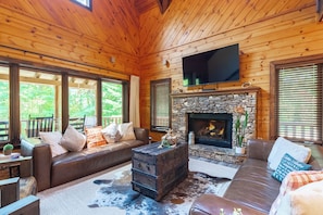 Smart TV, fireplace, foosball, books