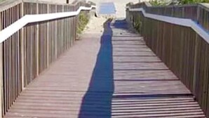 Pasarela de madera que conduce a una playa con un marcador de bandera.