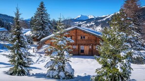 A wooden cabin surrounded by snow-covered trees and mountains. - Chalet Joux Verte - beautiful ski base for 8 with spa - OVO Network (Les Gets)