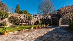 Un camino de piedra que lleva a un edificio con un muro de piedra y plantas en macetas.