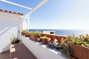 A balcony with potted plants, a view of the sea, and a white building.