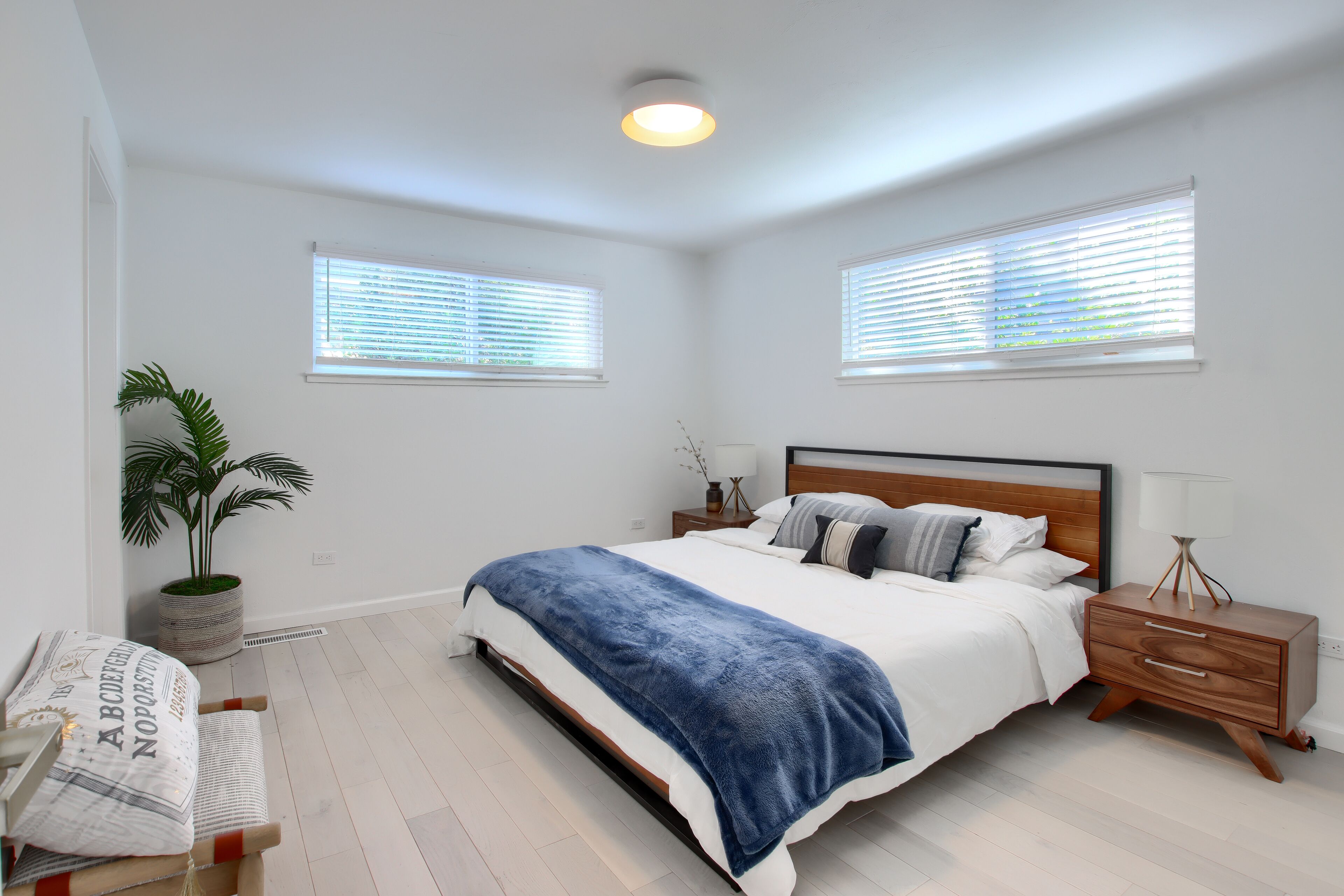 A bedroom with a bed, bedside tables, a nightstand, a potted plant, and two windows with blinds.
