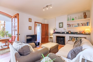 Uma sala de estar com sofá, televisão, lareira e estantes.