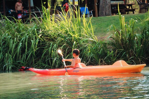 A person kayaking on a calm body of water with tall grass and trees in the background.