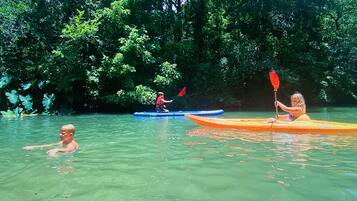 Three kayaks on a calm river surrounded by dense greenery.